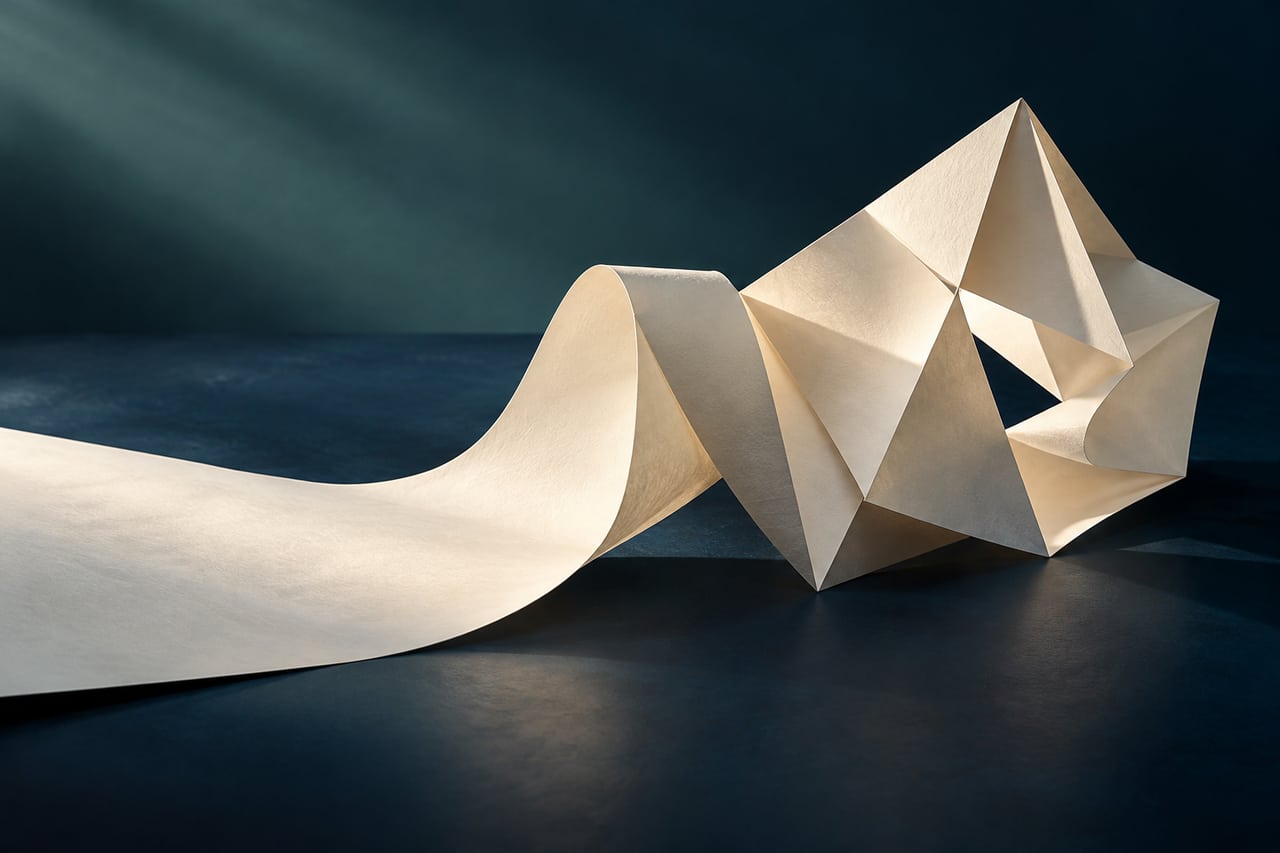 A sheet of ivory paper folding into a sculptural form on a deep blue surface.